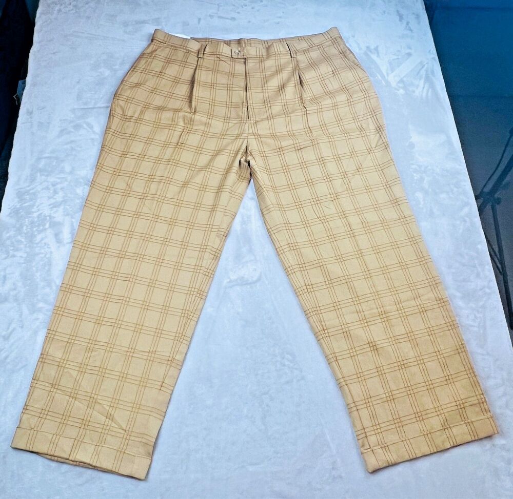 Vtg Monte Carlo Mens 44/32 Tan Plaid Dress Pants Retro Big & Tall Work Formal